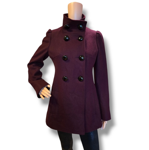M. JULIAN Women's Wined Red Wool Blend Double Breasted Pea Coat - Picture 4 of 16